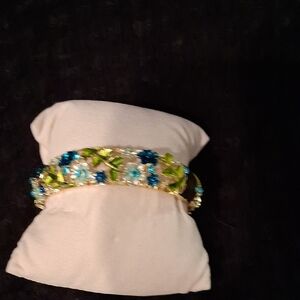 Gold-tone Floral Crystal Bracelet with Blue and Lime Accents